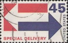 Red & blue 45-cent U.S. postage stamp picturing arrows