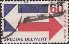 Blue & red 60-cent U.S. postage stamp picturing arrows