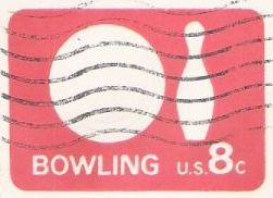 Red 8-cent U.S. stamped envelope picturing bowling ball and pin