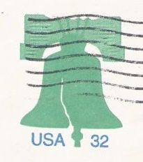 Green & blue 32-cent U.S. stamped envelope picturing Liberty Bell