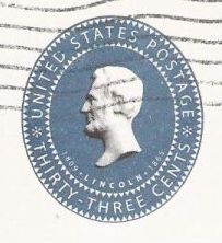 Blue 33-cent U.S. stamped envelope picturing Abraham Lincoln