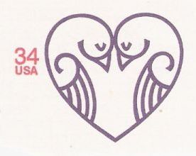 Lovebirds Purple & red 34-cent U.S. stamped envelope picturing birds in shape of heart