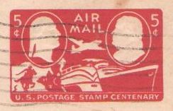 Red 5-cent U.S. stamped envelope picturing George Washignton, Benjamin Franklin, and various forms of transportation
