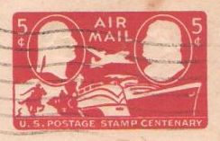 U.S. Postage Stamp Centenary Red 5-cent U.S. stamped envelope picturing George Washignton, Benjamin Franklin, and various forms of transportation